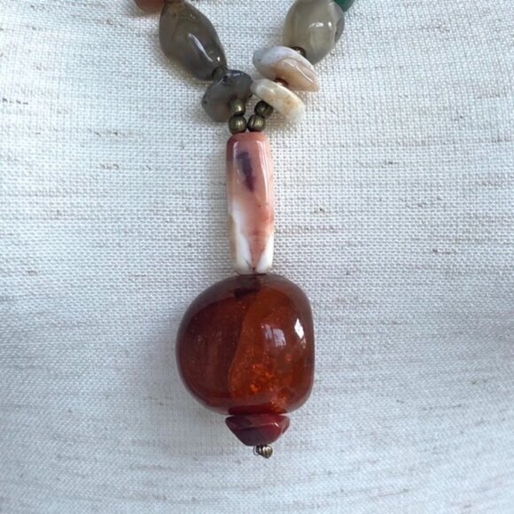 Artisan Natural Stone Beaded Boho 26" Boho Necklace Amber Colored Glass Pendant - Picture 3 of 16